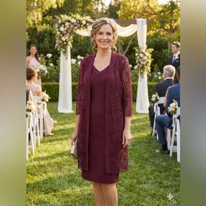 Chic Burgundy Sheath Midi Dress with bejeweled neckline and Lace Jacket Cover up